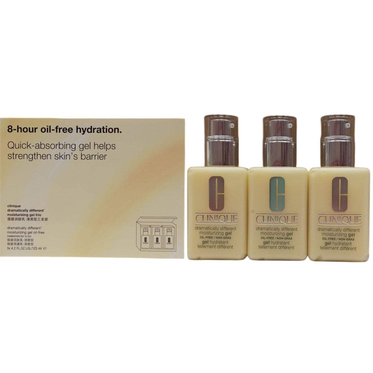 Set Trio, Clinique, Dramatically Different Face Care, Parabenfrei, Feuchtigkeitsspendend, Tag & Nacht, Gel, Für das Gesicht, 3 stk, 125 ml